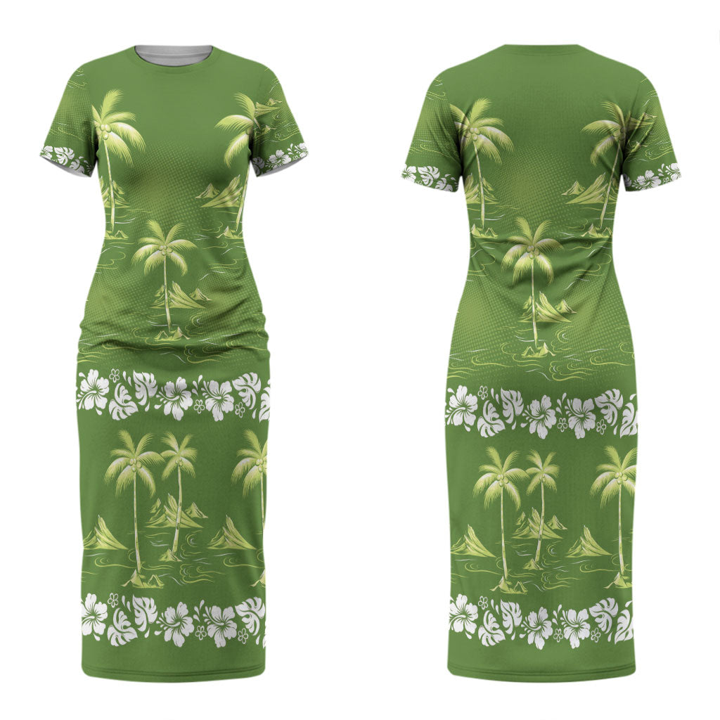 Olive Green Hawaii Palm Tree Hibiscus Couples Matching Short Sleeve Bodycon Dress and Long Sleeve Button Shirt Fantasy Summer Vibe LT01 - Polynesian Pride