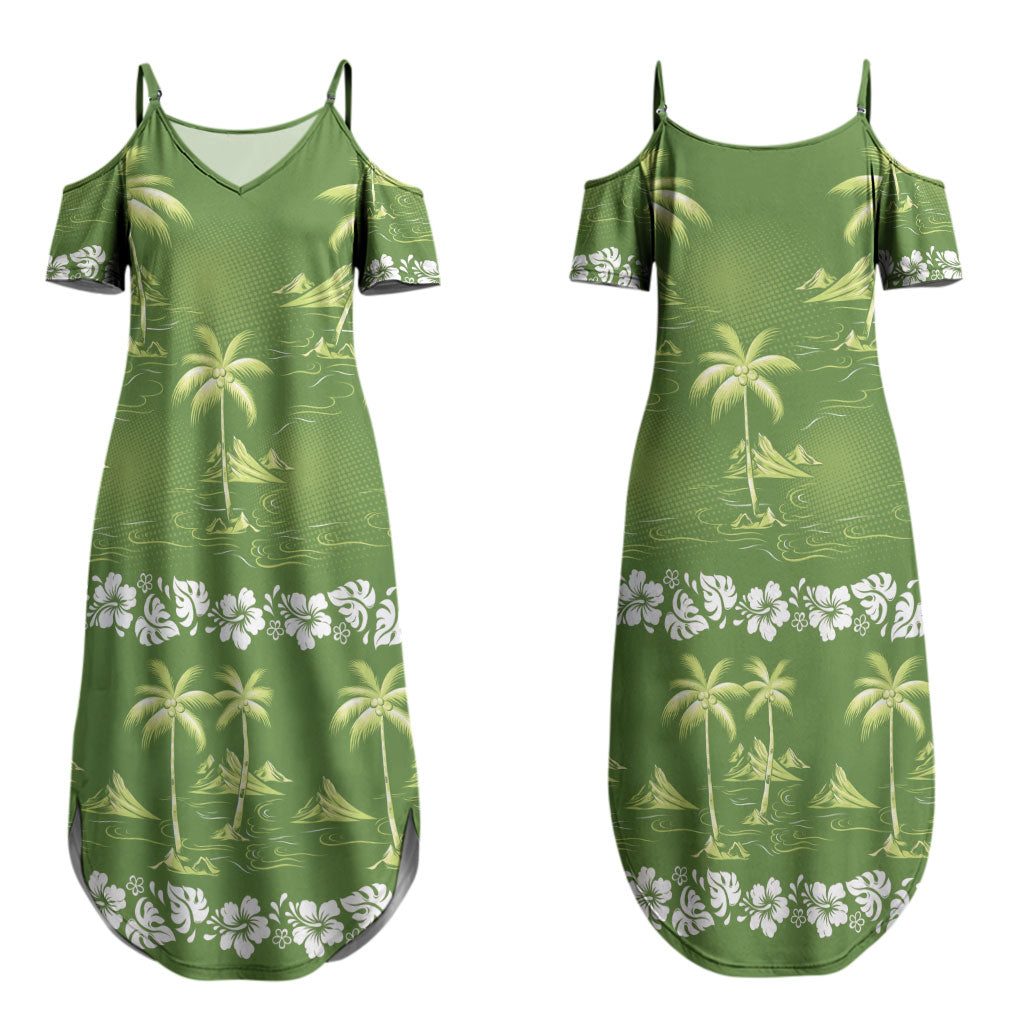 Olive Green Hawaii Palm Tree Hibiscus Couples Matching Summer Maxi Dress and Long Sleeve Button Shirt Fantasy Summer Vibe LT01 - Polynesian Pride