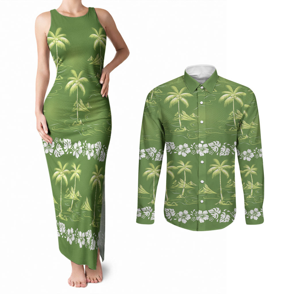 Olive Green Hawaii Palm Tree Hibiscus Couples Matching Tank Maxi Dress and Long Sleeve Button Shirt Fantasy Summer Vibe LT01 Olive - Polynesian Pride