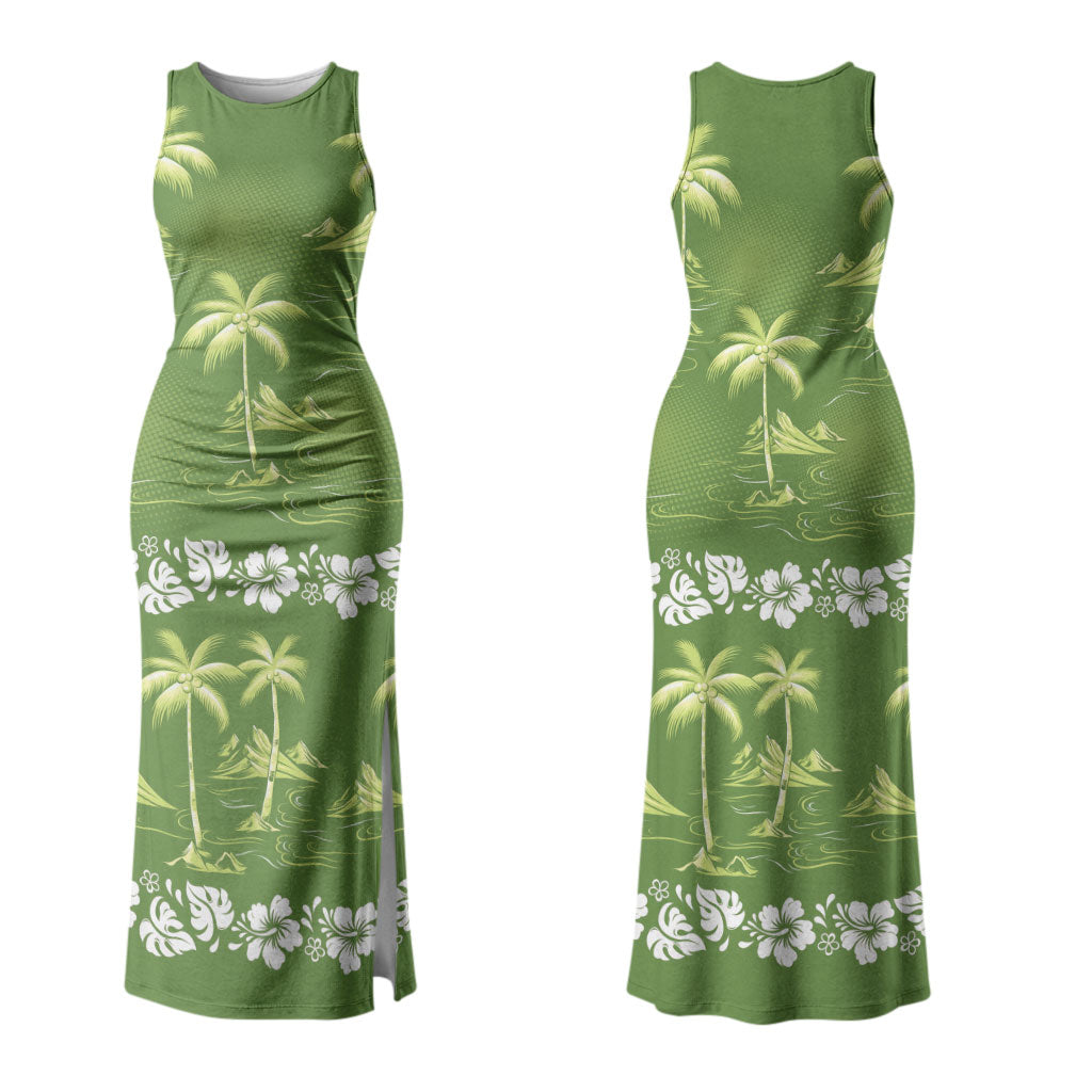 Olive Green Hawaii Palm Tree Hibiscus Couples Matching Tank Maxi Dress and Long Sleeve Button Shirt Fantasy Summer Vibe LT01 - Polynesian Pride