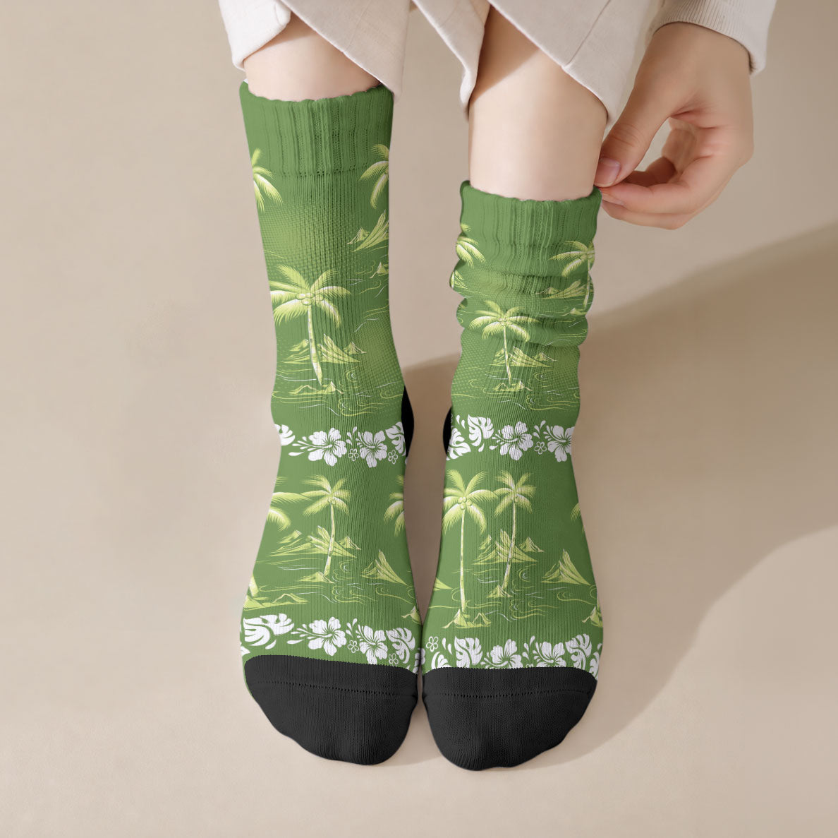 Olive Green Hawaii Palm Tree Hibiscus Crew Socks Fantasy Summer Vibe