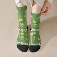 Olive Green Hawaii Palm Tree Hibiscus Crew Socks Fantasy Summer Vibe LT01 Crew Socks Olive - Polynesian Pride
