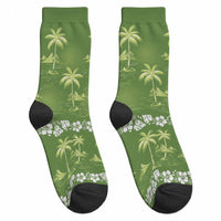 Olive Green Hawaii Palm Tree Hibiscus Crew Socks Fantasy Summer Vibe LT01 - Polynesian Pride