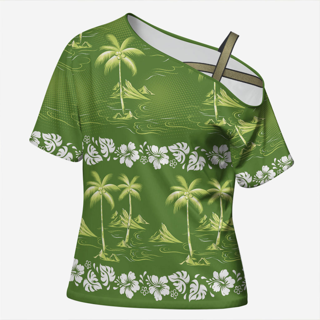 Olive Green Hawaii Palm Tree Hibiscus Cross Shoulder Shirt Fantasy Summer Vibe LT01 Female Olive - Polynesian Pride