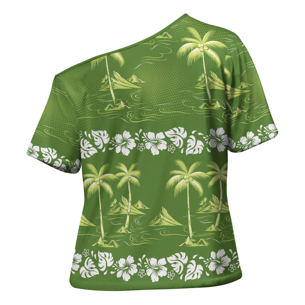 Olive Green Hawaii Palm Tree Hibiscus Cross Shoulder Shirt Fantasy Summer Vibe LT01 - Polynesian Pride