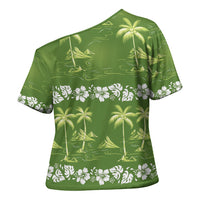 Olive Green Hawaii Palm Tree Hibiscus Cross Shoulder Shirt Fantasy Summer Vibe LT01 - Polynesian Pride