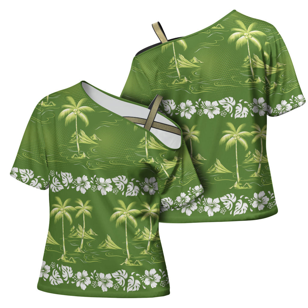 Olive Green Hawaii Palm Tree Hibiscus Cross Shoulder Shirt Fantasy Summer Vibe LT01 - Polynesian Pride