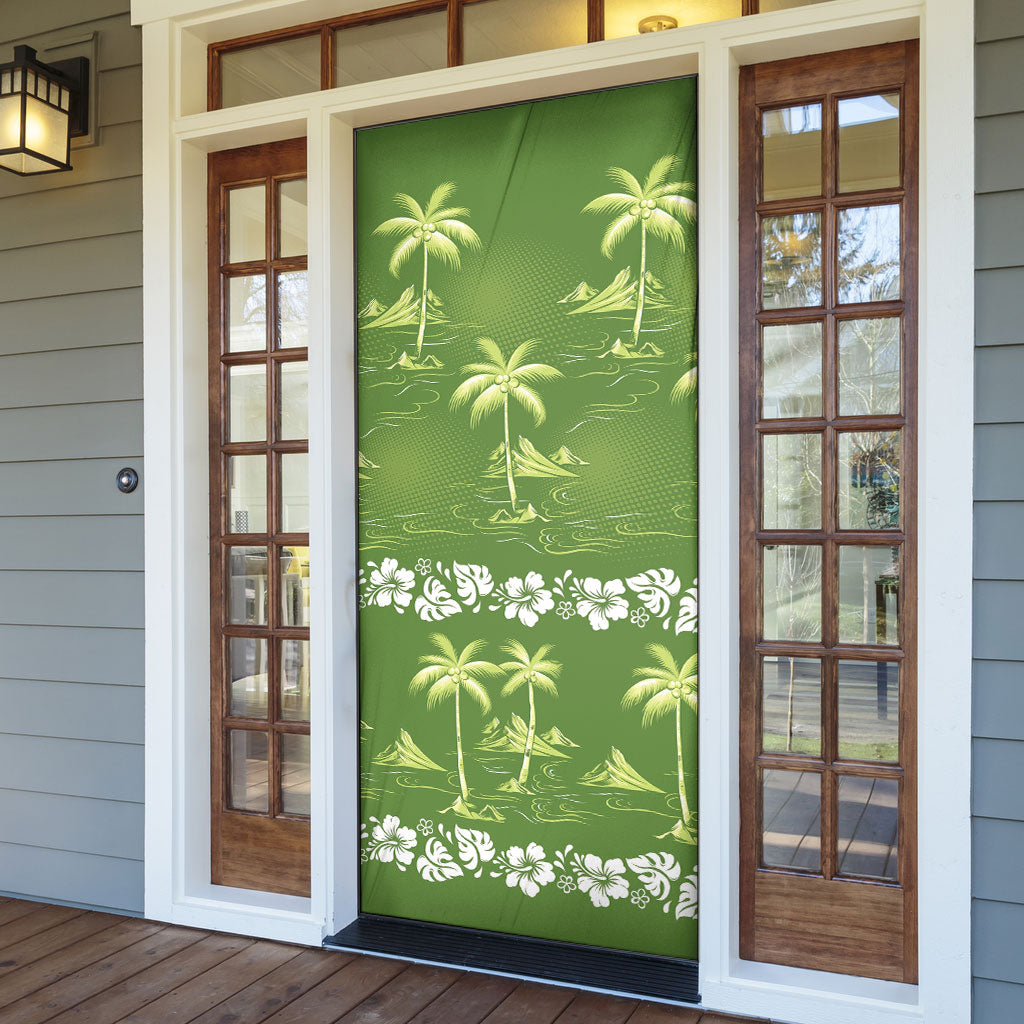 Olive Green Hawaii Palm Tree Hibiscus Door Cover Fantasy Summer Vibe