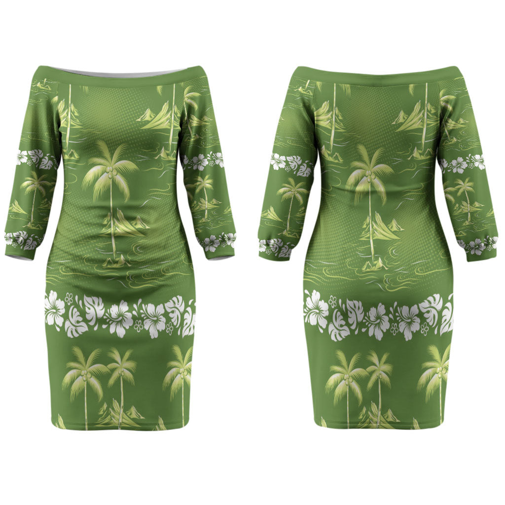 Olive Green Hawaii Palm Tree Hibiscus Family Matching Off The Shoulder Long Sleeve Dress and Hawaiian Shirt Fantasy Summer Vibe LT01 Mom's Dress Olive - Polynesian Pride