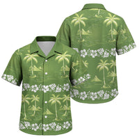 Olive Green Hawaii Palm Tree Hibiscus Family Matching Off The Shoulder Long Sleeve Dress and Hawaiian Shirt Fantasy Summer Vibe LT01 Son's Shirt Olive - Polynesian Pride