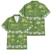 Olive Green Hawaii Palm Tree Hibiscus Family Matching Off Shoulder Short Dress and Hawaiian Shirt Fantasy Summer Vibe LT01 Dad's Shirt - Short Sleeve Olive - Polynesian Pride
