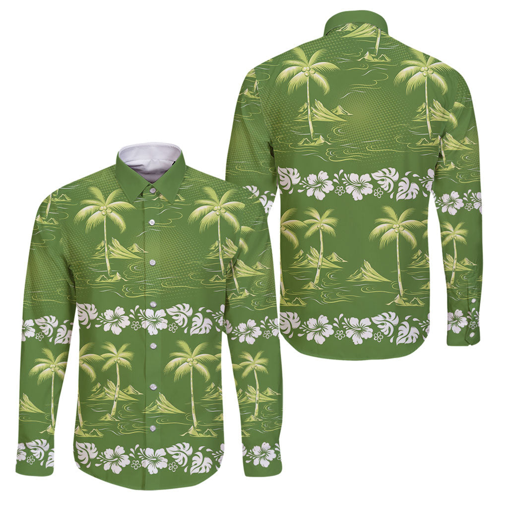 Olive Green Hawaii Palm Tree Hibiscus Family Matching Off Shoulder Short Dress and Hawaiian Shirt Fantasy Summer Vibe LT01 Dad's Shirt - Long Sleeve Olive - Polynesian Pride
