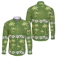 Olive Green Hawaii Palm Tree Hibiscus Family Matching Off Shoulder Short Dress and Hawaiian Shirt Fantasy Summer Vibe LT01 Dad's Shirt - Long Sleeve Olive - Polynesian Pride