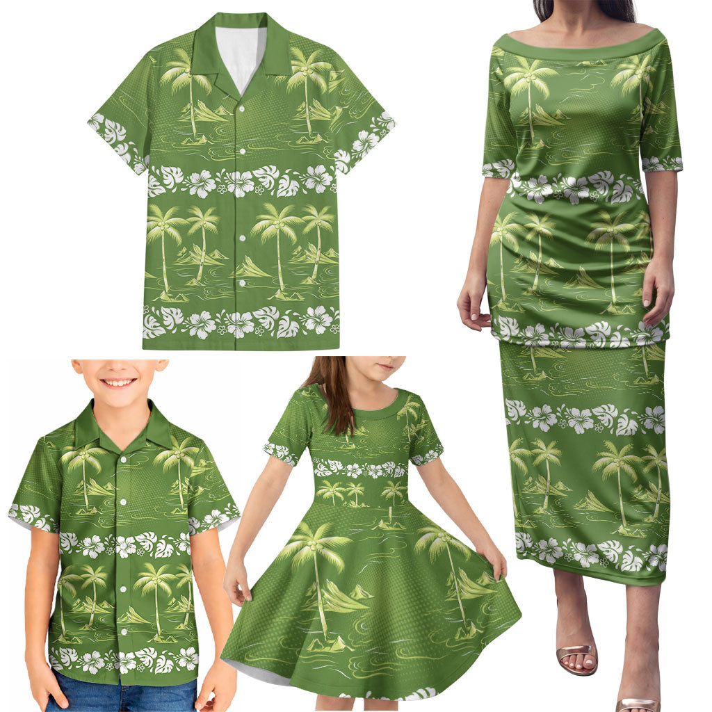Olive Green Hawaii Palm Tree Hibiscus Family Matching Puletasi and Hawaiian Shirt Fantasy Summer Vibe LT01 - Polynesian Pride
