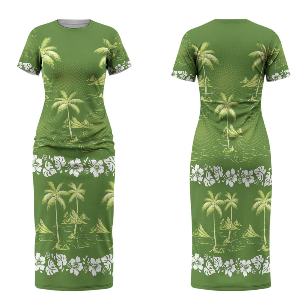 Olive Green Hawaii Palm Tree Hibiscus Family Matching Short Sleeve Bodycon Dress and Hawaiian Shirt Fantasy Summer Vibe LT01 Mom's Dress Olive - Polynesian Pride