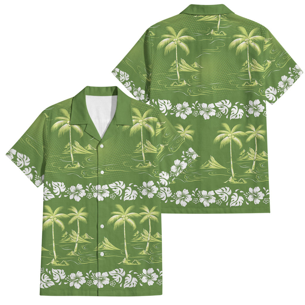 Olive Green Hawaii Palm Tree Hibiscus Family Matching Summer Maxi Dress and Hawaiian Shirt Fantasy Summer Vibe LT01 Dad's Shirt - Short Sleeve Olive - Polynesian Pride