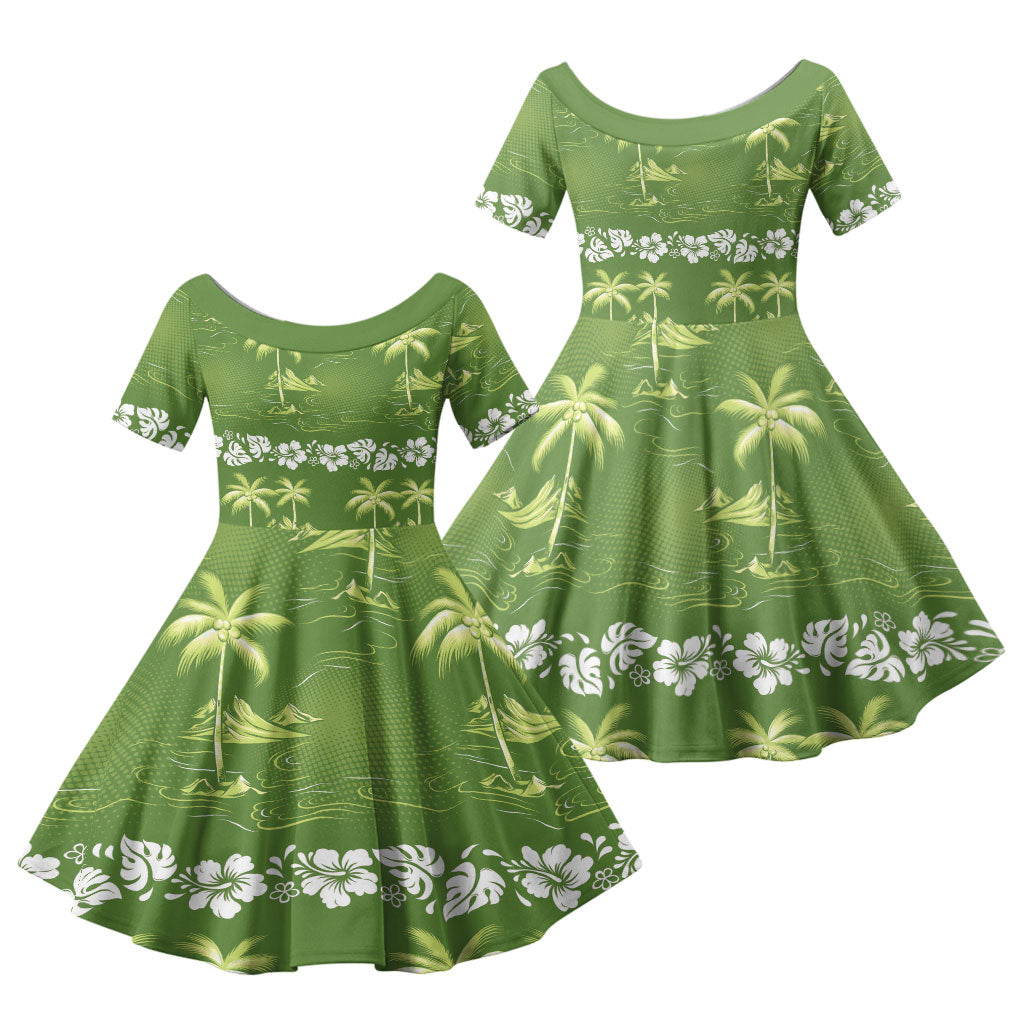 Olive Green Hawaii Palm Tree Hibiscus Family Matching Summer Maxi Dress and Hawaiian Shirt Fantasy Summer Vibe LT01 Daughter's Dress Olive - Polynesian Pride