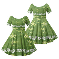 Olive Green Hawaii Palm Tree Hibiscus Family Matching Summer Maxi Dress and Hawaiian Shirt Fantasy Summer Vibe LT01 Daughter's Dress Olive - Polynesian Pride