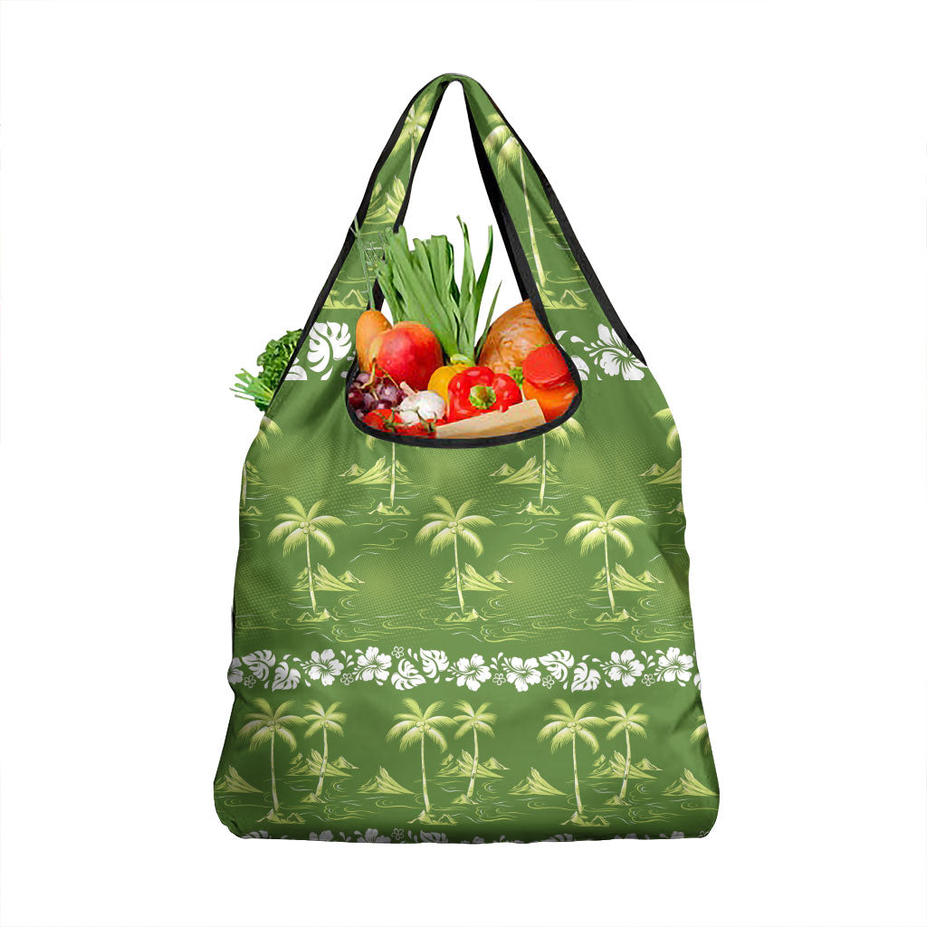 Olive Green Hawaii Palm Tree Hibiscus Grocery Bag Fantasy Summer Vibe