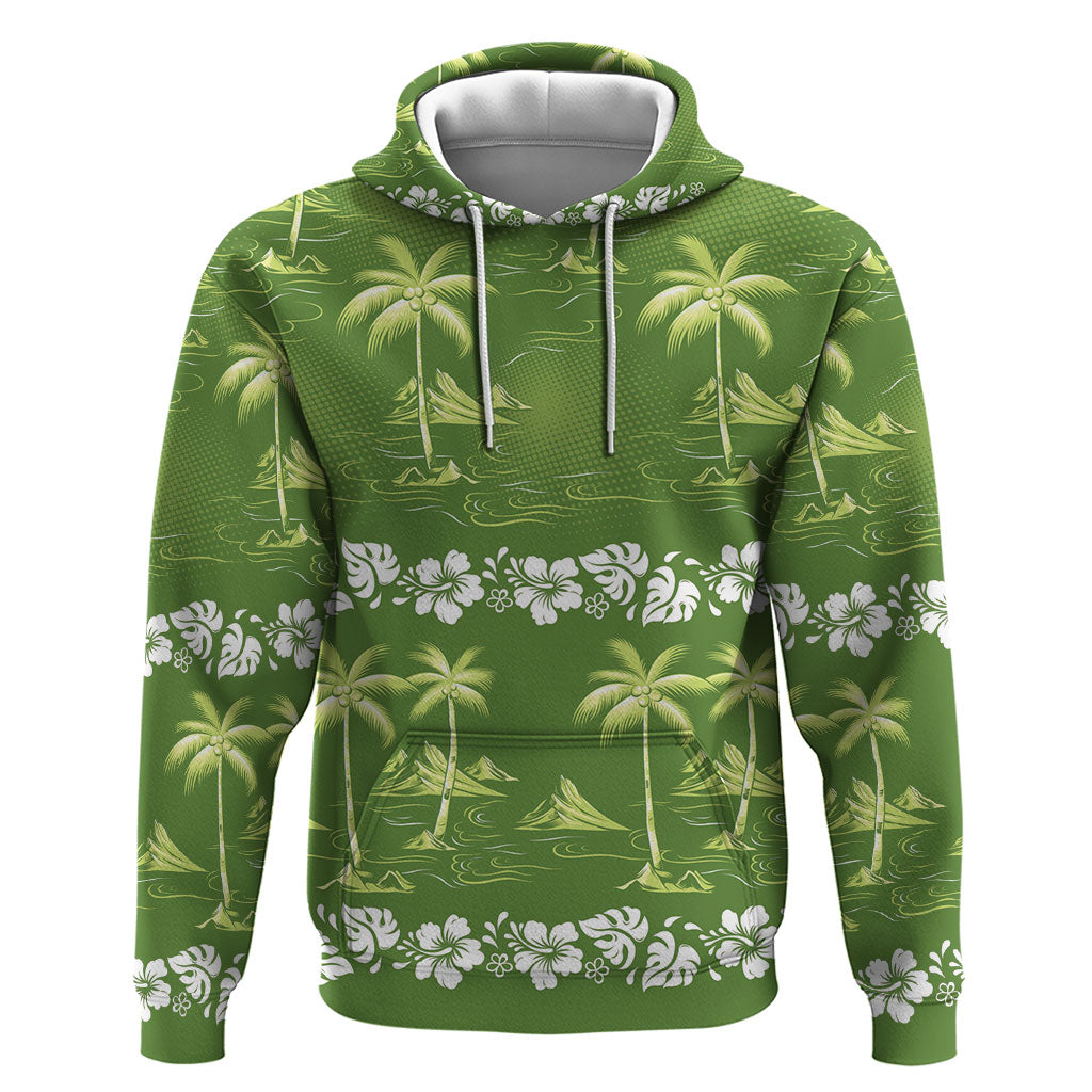 Olive Green Hawaii Palm Tree Hibiscus Hoodie Fantasy Summer Vibe LT01 Pullover Hoodie Olive - Polynesian Pride