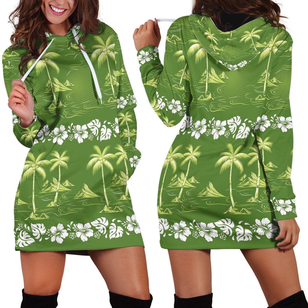 Olive Green Hawaii Palm Tree Hibiscus Hoodie Dress Fantasy Summer Vibe