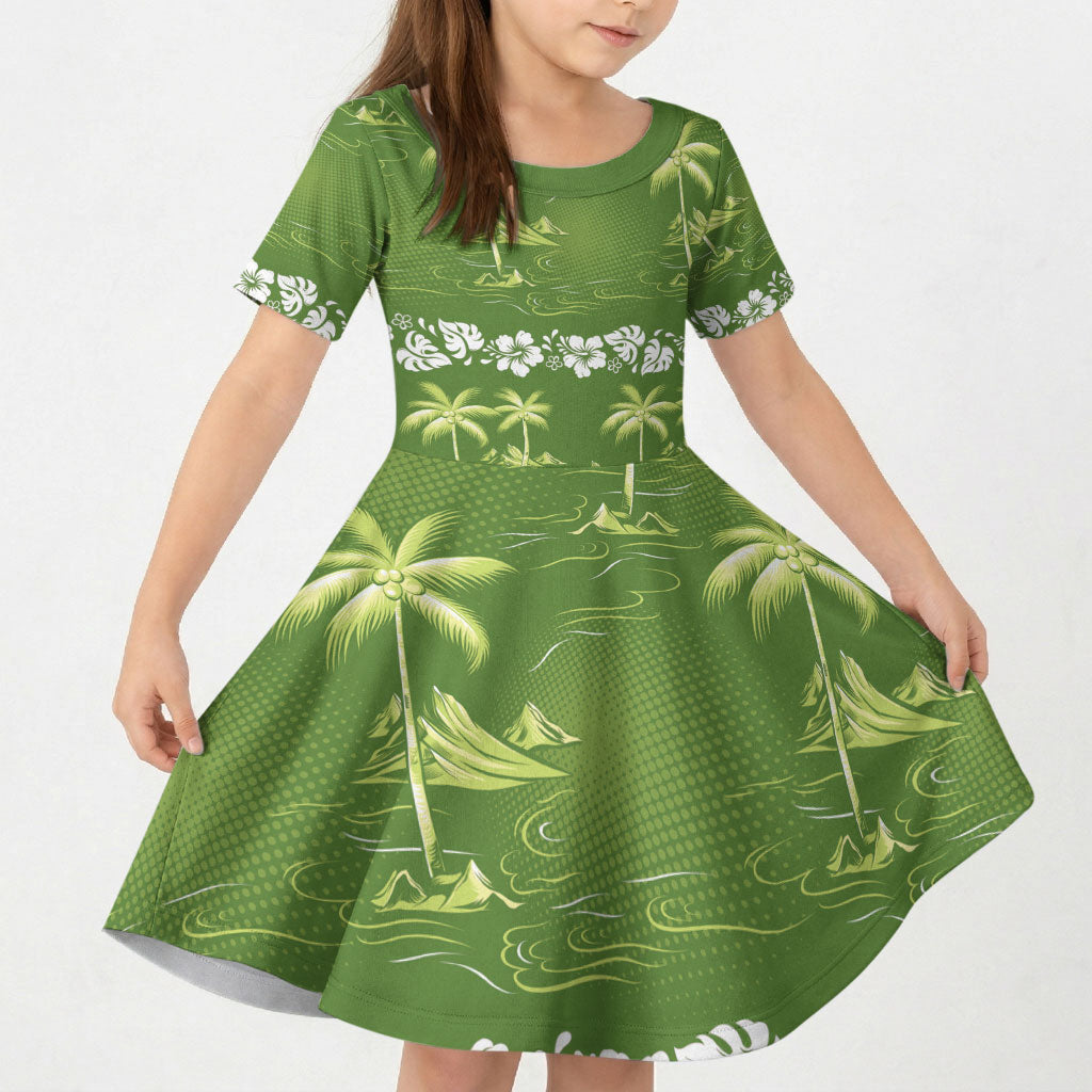 Olive Green Hawaii Palm Tree Hibiscus Kid Short Sleeve Dress Fantasy Summer Vibe