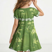 Olive Green Hawaii Palm Tree Hibiscus Kid Short Sleeve Dress Fantasy Summer Vibe LT01 - Polynesian Pride