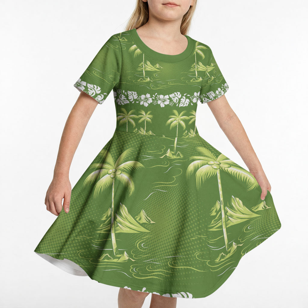 Olive Green Hawaii Palm Tree Hibiscus Kid Short Sleeve Dress Fantasy Summer Vibe LT01 - Polynesian Pride