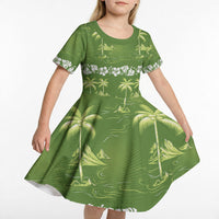 Olive Green Hawaii Palm Tree Hibiscus Kid Short Sleeve Dress Fantasy Summer Vibe LT01 - Polynesian Pride