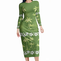 Olive Green Hawaii Palm Tree Hibiscus Long Sleeve Bodycon Dress Fantasy Summer Vibe LT01 Long Dress Olive - Polynesian Pride