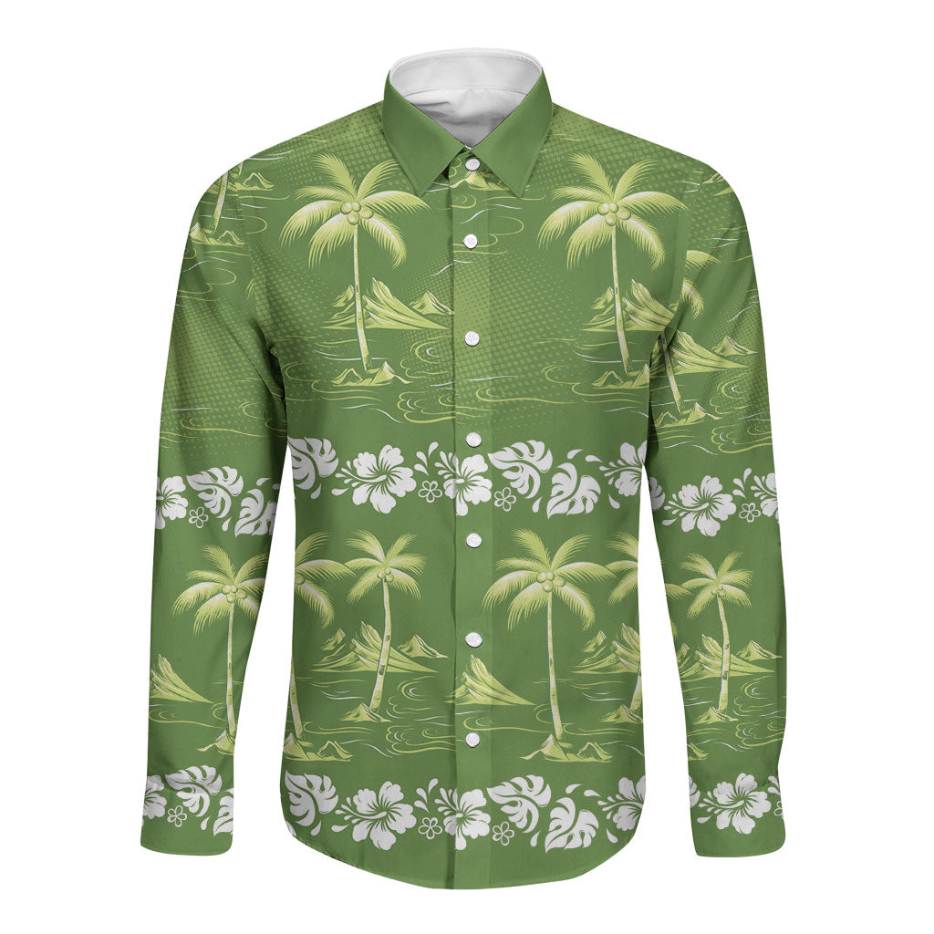 Olive Green Hawaii Palm Tree Hibiscus Long Sleeve Button Shirt Fantasy Summer Vibe