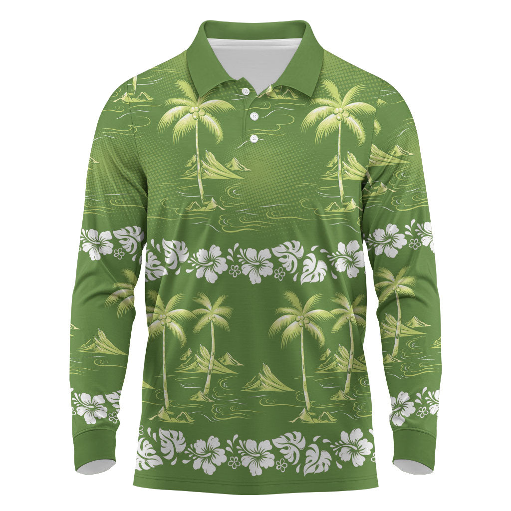 Olive Green Hawaii Palm Tree Hibiscus Long Sleeve Polo Shirt Fantasy Summer Vibe LT01 Olive - Polynesian Pride
