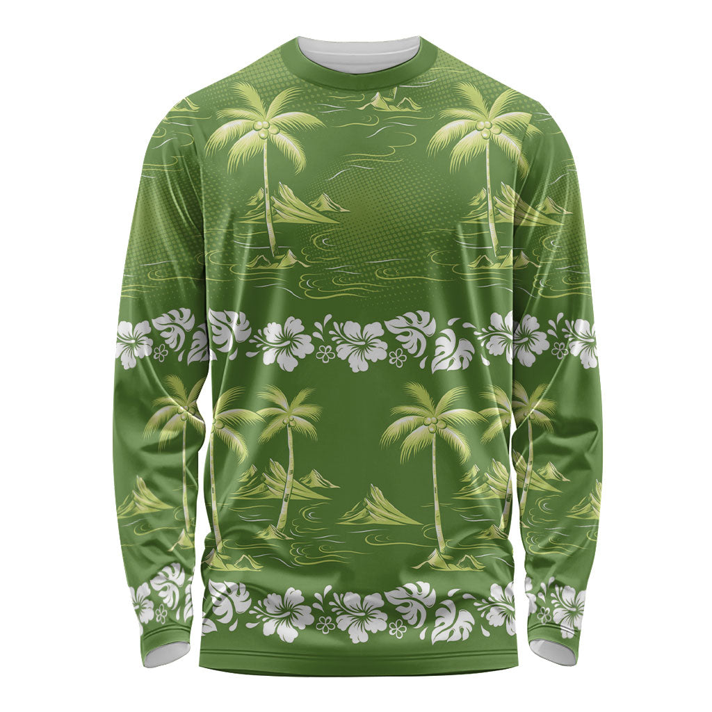 Olive Green Hawaii Palm Tree Hibiscus Long Sleeve Shirt Fantasy Summer Vibe LT01 Unisex Olive - Polynesian Pride