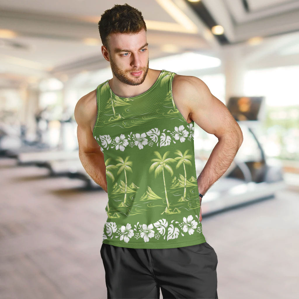 Olive Green Hawaii Palm Tree Hibiscus Men Tank Top Fantasy Summer Vibe