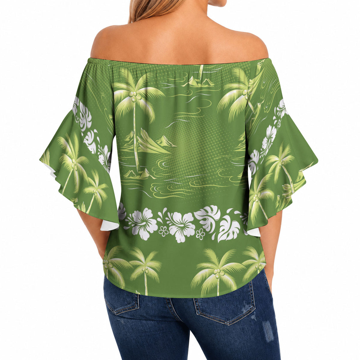 Olive Green Hawaii Palm Tree Hibiscus Off Shoulder Wrap Waist Top Fantasy Summer Vibe LT01 - Polynesian Pride