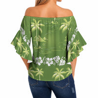 Olive Green Hawaii Palm Tree Hibiscus Off Shoulder Wrap Waist Top Fantasy Summer Vibe LT01 - Polynesian Pride