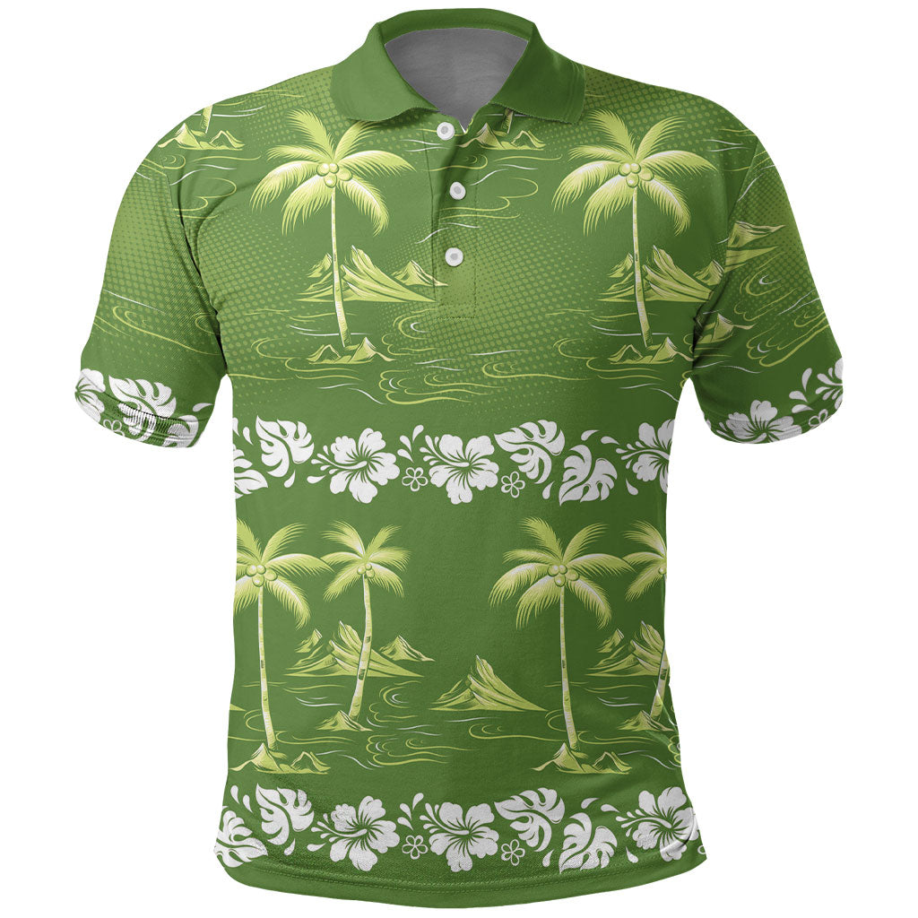 Olive Green Hawaii Palm Tree Hibiscus Polo Shirt Fantasy Summer Vibe LT01 Olive - Polynesian Pride
