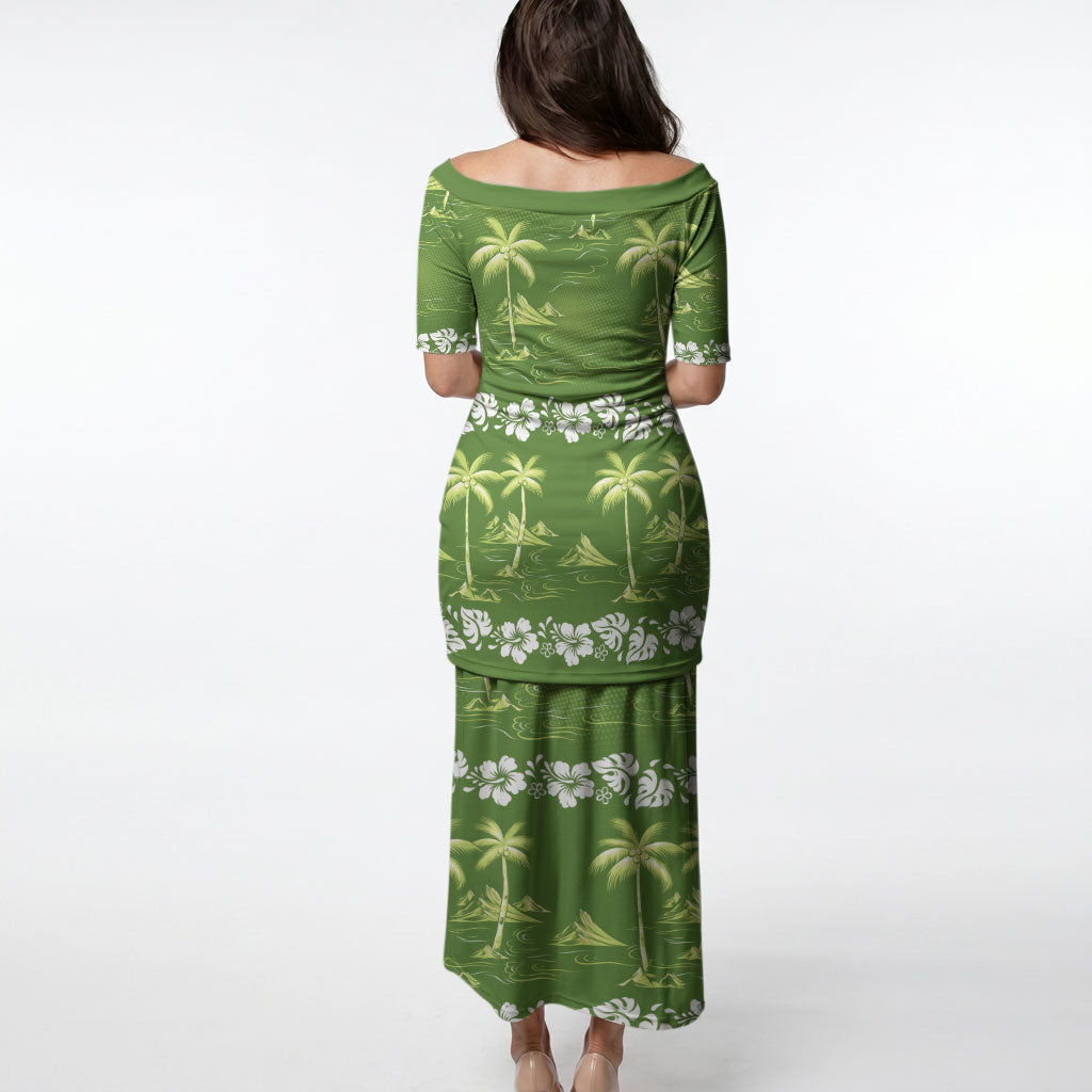 Olive Green Hawaii Palm Tree Hibiscus Puletasi Fantasy Summer Vibe LT01 - Polynesian Pride