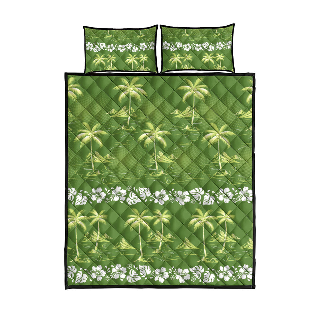 Olive Green Hawaii Palm Tree Hibiscus Quilt Bed Set Fantasy Summer Vibe