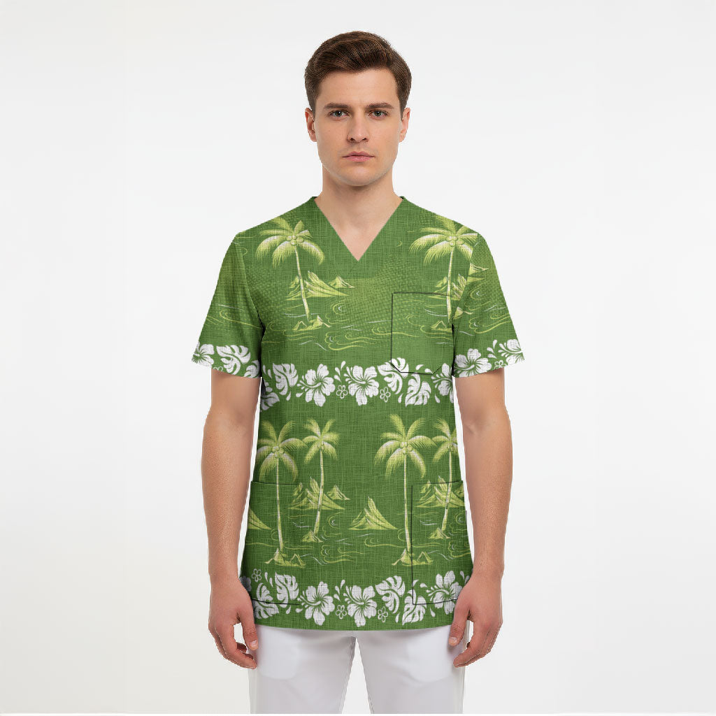Olive Green Hawaii Palm Tree Hibiscus Scrub Top Fantasy Summer Vibe LT01 - Polynesian Pride