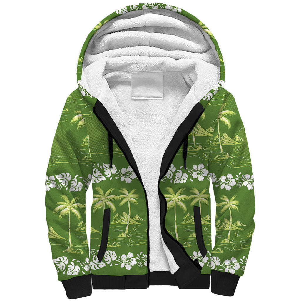 Olive Green Hawaii Palm Tree Hibiscus Sherpa Hoodie Fantasy Summer Vibe