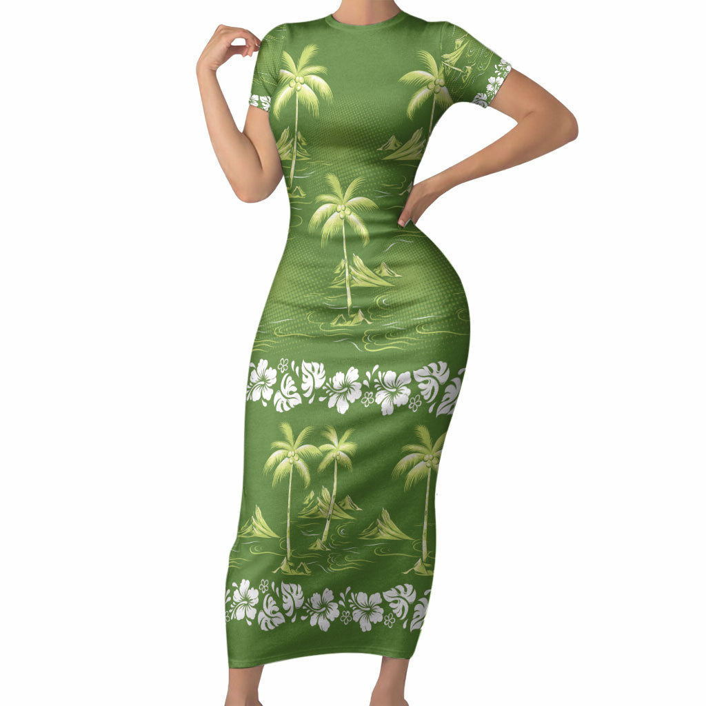 Olive Green Hawaii Palm Tree Hibiscus Short Sleeve Bodycon Dress Fantasy Summer Vibe