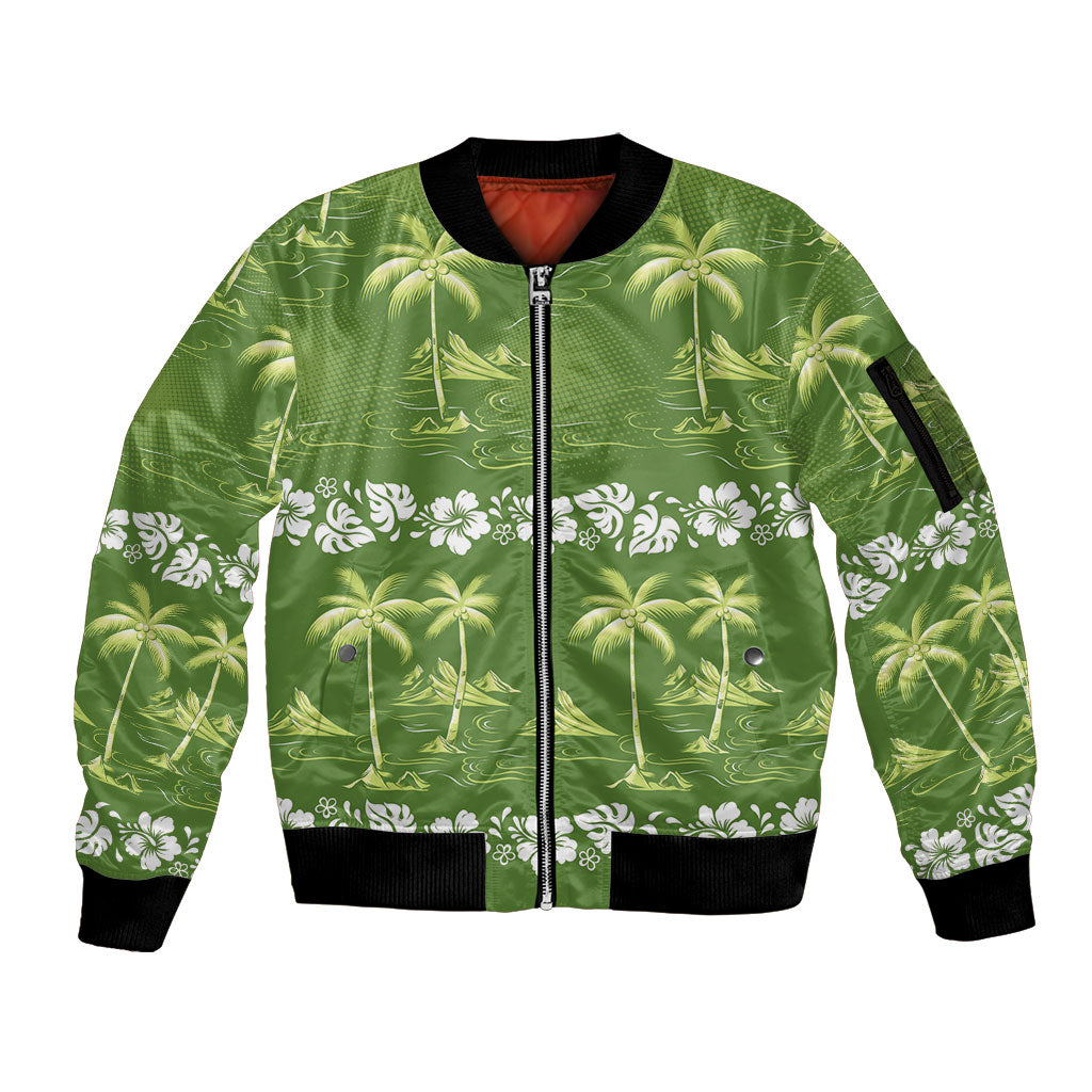 Olive Green Hawaii Palm Tree Hibiscus Sleeve Zip Bomber Jacket Fantasy Summer Vibe