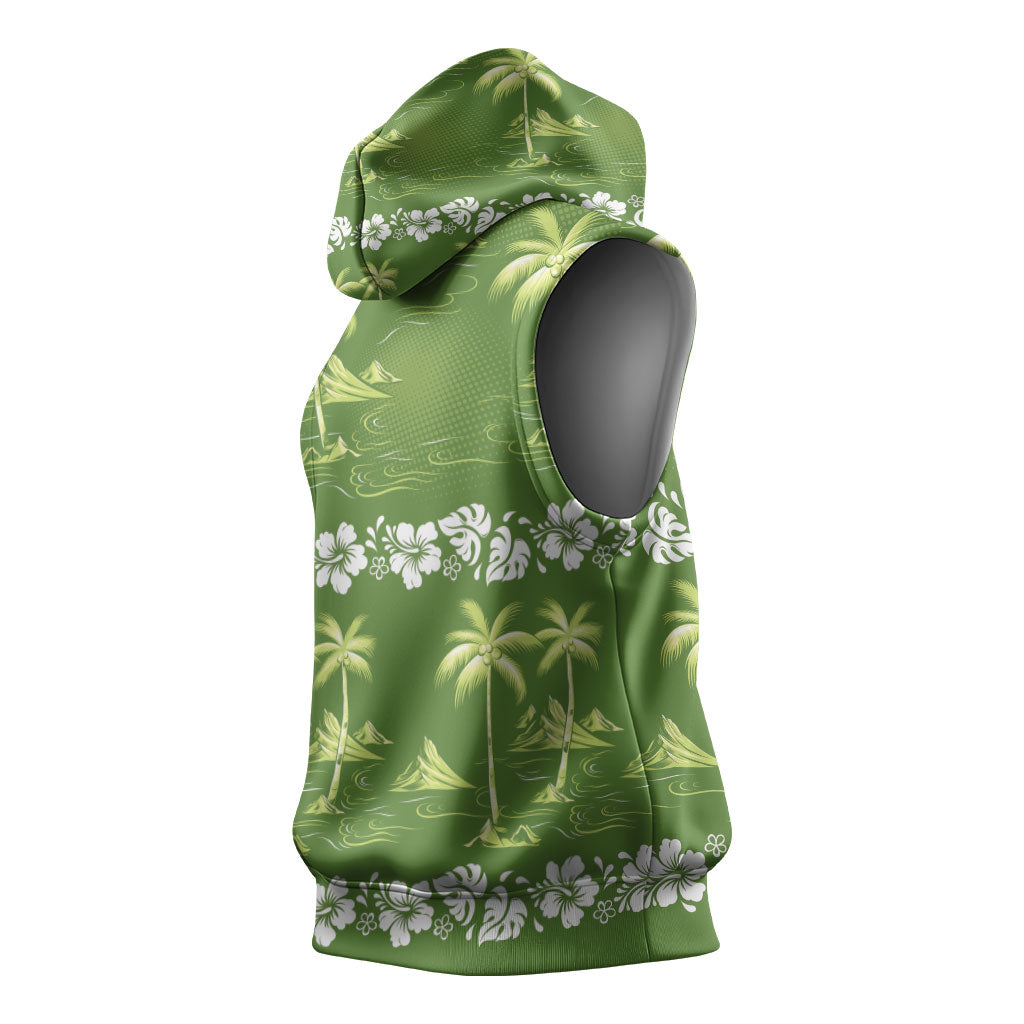 Olive Green Hawaii Palm Tree Hibiscus Sleeveless Hoodie Fantasy Summer Vibe LT01 - Polynesian Pride