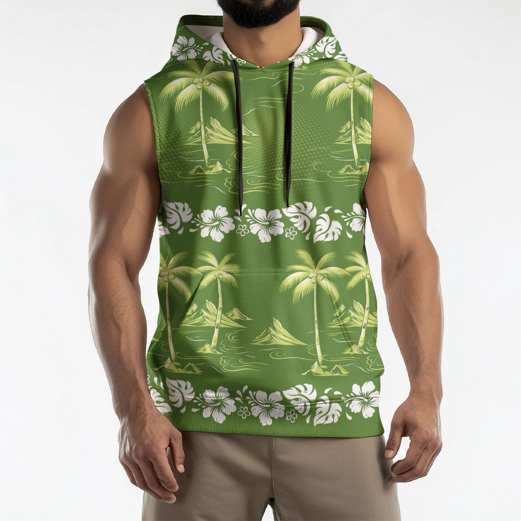 Olive Green Hawaii Palm Tree Hibiscus Sleeveless Hoodie Fantasy Summer Vibe LT01 - Polynesian Pride