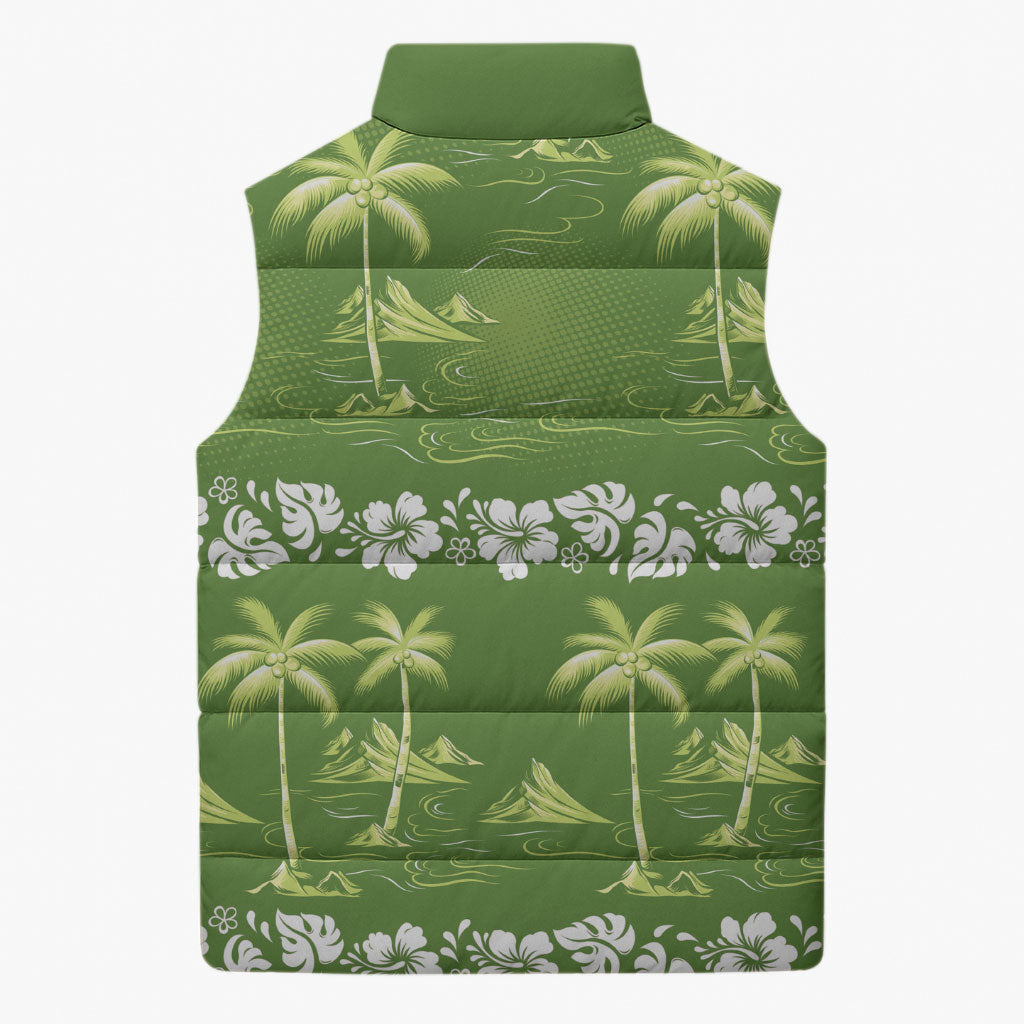 Olive Green Hawaii Palm Tree Hibiscus Sleeveless Puffer Jacket Fantasy Summer Vibe