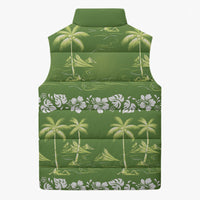 Olive Green Hawaii Palm Tree Hibiscus Sleeveless Puffer Jacket Fantasy Summer Vibe