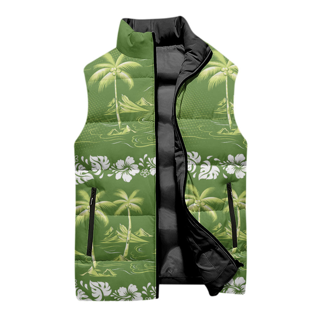 Olive Green Hawaii Palm Tree Hibiscus Sleeveless Puffer Jacket Fantasy Summer Vibe