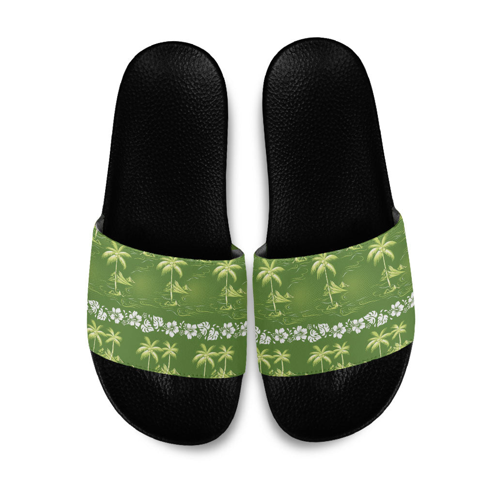 Olive Green Hawaii Palm Tree Hibiscus Slide Sandals Fantasy Summer Vibe
