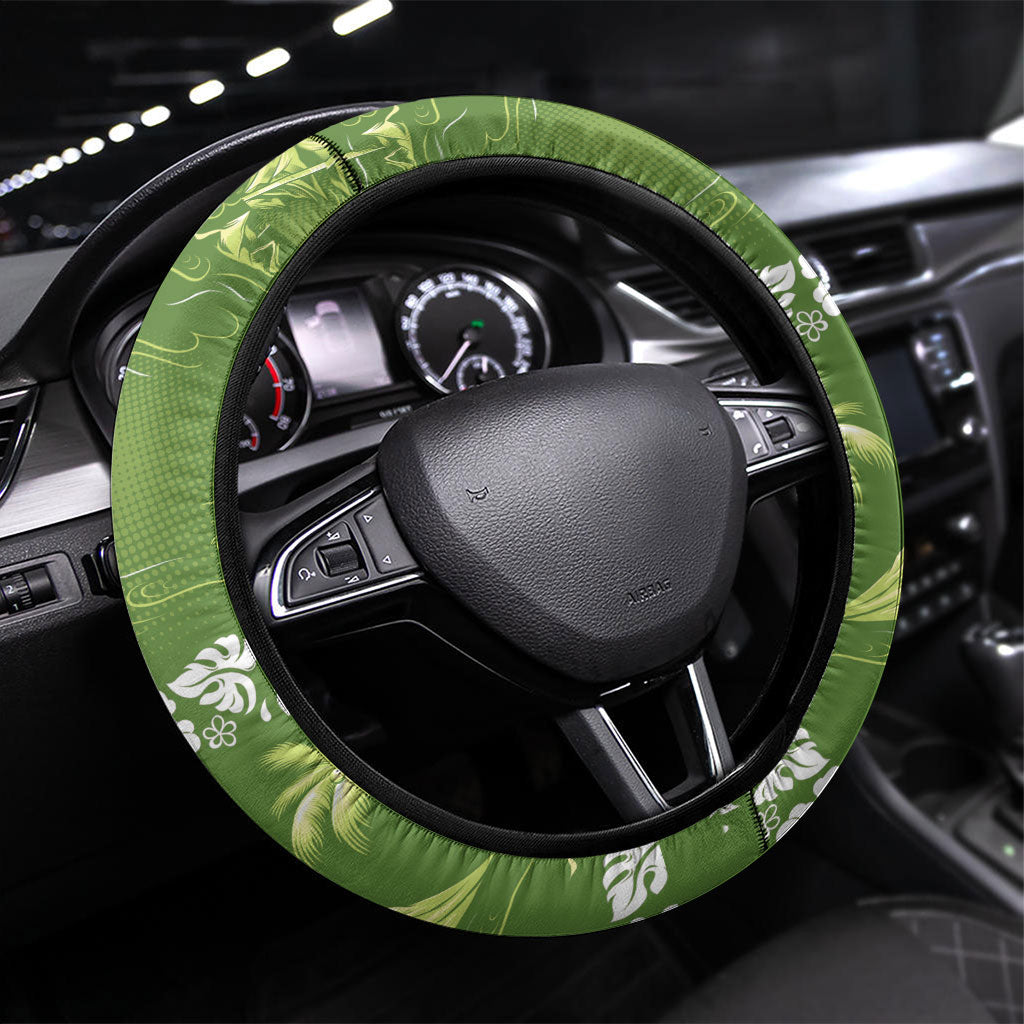 Olive Green Hawaii Palm Tree Hibiscus Steering Wheel Cover Fantasy Summer Vibe LT01 Universal Fit Olive - Polynesian Pride